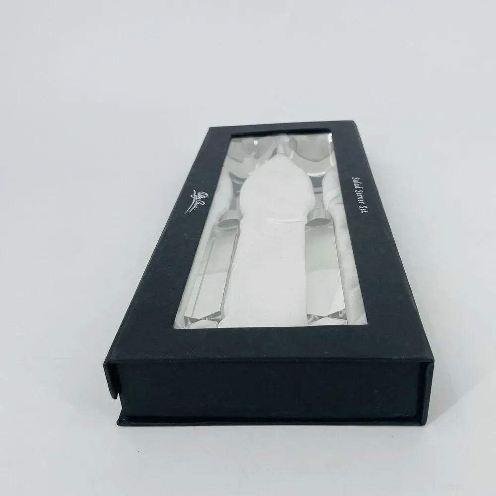 Oleg Cassini Stainless Salad Server Set Crystal Square Handles Satin Lined Box